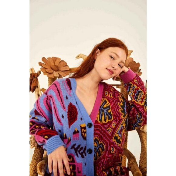 💕FARM RIO💕 Mixed Prints Cardigan  ~ Blue Tropical Magic + Tropical Stripes NWT - Picture 2 of 16